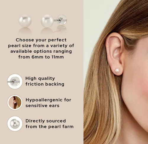 Vista 4 de THE PEARL SOURCE Aretes redondos de perlas reales de agua dulce blancas para mujer, aretes de oro de 14 quilates Aretes hipoalergénicos con perlas