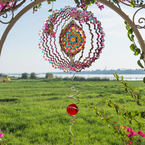 Vista 3 de Mandala Blossom Wind Spinner - Molinillos de Viento de Metal Escultura de Viento Colgante Cinética 3D de 12 pulgadas Cortada con Láser