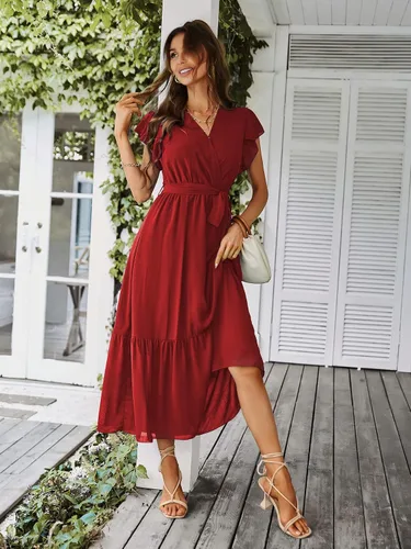 Vista 3 de PRETTYGARDEN - Vestido floral para mujer estilo bohemio, cruzado, con cuello en V, manga corta, con cinturón, dobladillo con volantes, acampanado
