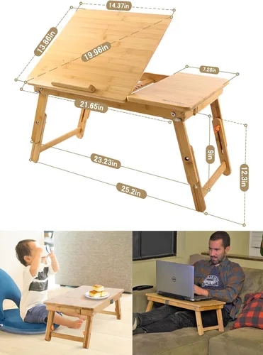 Vista 3 de Mesa para laptop Nnewvante ajustable de bambú, bandeja plegable para servir el desayuno en la cama con cajón superior inclinable