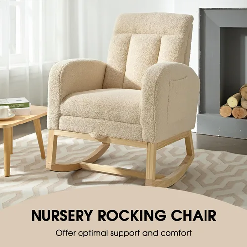 Vista 4 de NIOIIKIT Mecedora Moderna para Guardería, Mecedora Tapizada Teddy con Reposapiés, Cómoda Mecedora Deslizante con Bolsillo Lateral para Sala