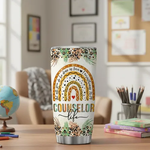 Vista 3 de 4LIEUBASMI Vaso de 20 onzas para consejero escolar, semana de agradecimiento al consejero, moderno multicolor con estampado de letras de arco iris