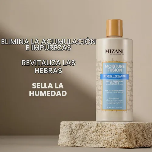 Vista 2 de Mizani Moisture Fusion - Champú aclarante suave - Limpia el cabello para eliminar la acumulación, con carbón, para cabello rizado
