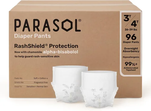 Vista 16 de Parasol Pantalones de pañales desechables sin cloro, talla 4 (2T-3T), 48 unidades, estilo de meter con protección RashShield y envoltura cómoda
