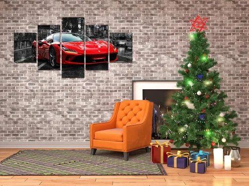 Vista 4 de Póster de pared en blanco y negro, 5 piezas, diseño de automóvil deportivo rojo grande, lienzo para habitación de niños, dormitorio, sala de estar