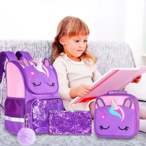 Vista 15 de KLFVB Mochila de 3 piezas para niñas y niños, bolsa de libros de dinosaurio de unicornio de 15 pulgadas con lonchera, bolsa escolar preescolar