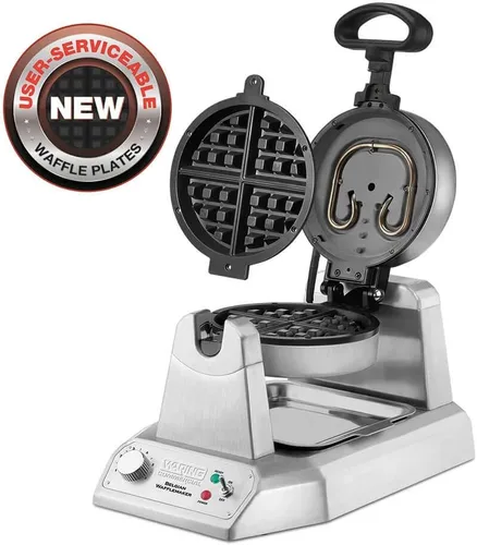 Vista 2 de Waring Commercial WW180X waflera belga simple de resistencia alta, placas antiadherentes recubiertas, produce 25 waffles por hora, 120V, 1200W