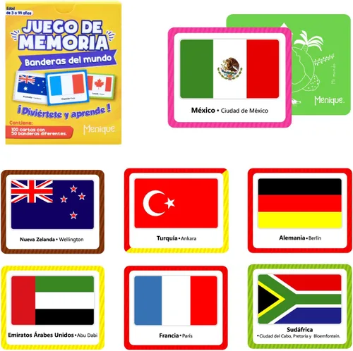 Vista 6 de Menique, Juego de Memoria de Banderas del Mundo en español, para niños y adultos. Banderas del Mundo, Juego de Memoria en español, para niños