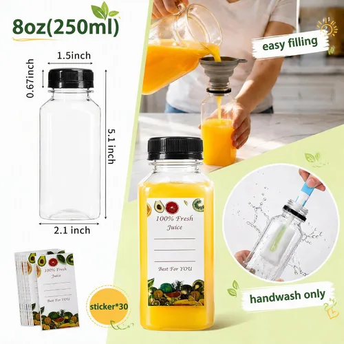Vista 2 de Cedilis Paquete de 25 botellas de plástico de 8 onzas con tapa negra, recipientes desechables y reutilizables para hacer jugo, leche, aderezo