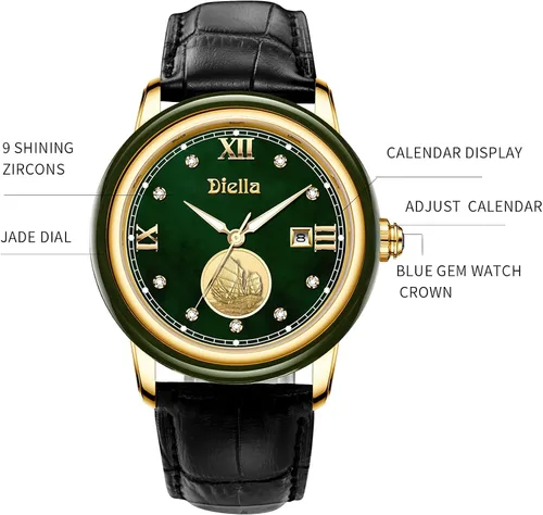 Vista 2 de Diella Luxury Dress Watches for Men with Japanese Quartz Movement, Men's Classic Wrist Watches with Black Leather Band, Dark Jade, Gold and Steel