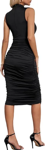 Vista 2 de Umenlele Vestido midi sin mangas para mujer, con cuello alto falso, fruncido, entallado, tubo para discoteca y salidas nocturnas