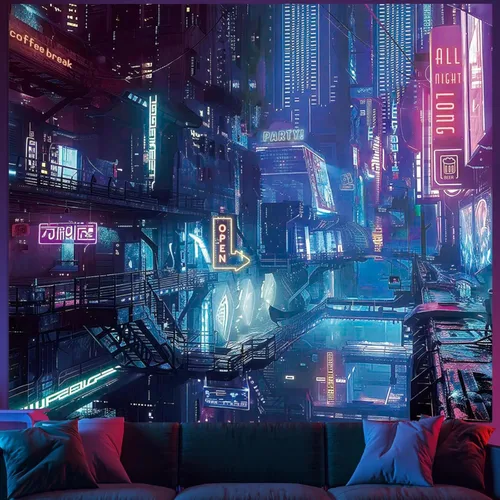 Vista 9 de Tapiz de Pared de Ciudad Anime Punk para Dormitorio, Tapices Japoneses Futuristas de Calle Nocturna de Neón Ciberpunk Estéticos, Fondo