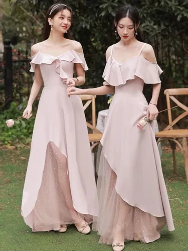 Vista 4 de Instiqueo Vestidos de dama de honor de gasa para mujer, vestido de baile con abertura