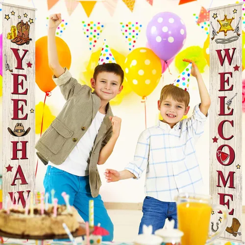 Vista 4 de Blulu Decoración de puerta de fiesta de vaquero occidental, decoración temática del salvaje oeste, cartel colgante de porche de bienvenida Yee Haw