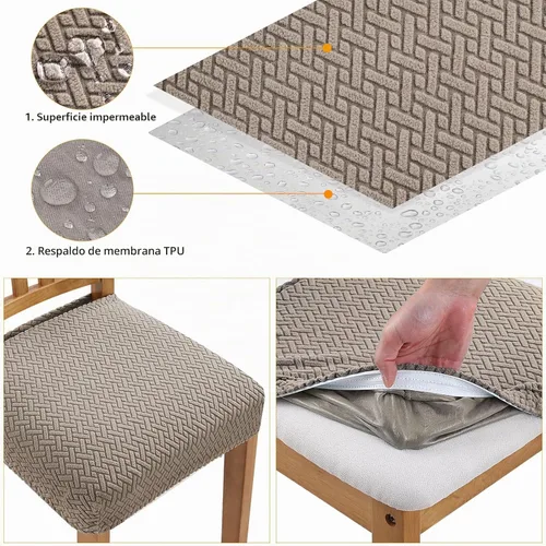Vista 4 de Fuloon Fundas de Asiento de Silla Elásticas Impermeables 4 PCS, Fundas de Silla de Comedor Removibles Lavables Fundas Deslizables de Cojín de I-caqui