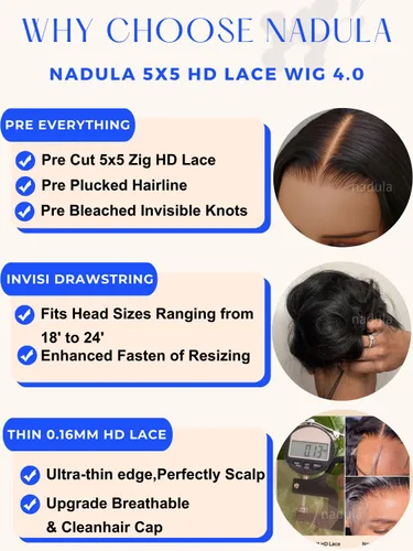 Vista 4 de Nadula Peluca sin pegamento 5x5 delgada HD BlendAway con onda corporal, cordón de ajuste, cabello humano, 180% de densidad, adiós a los nudos