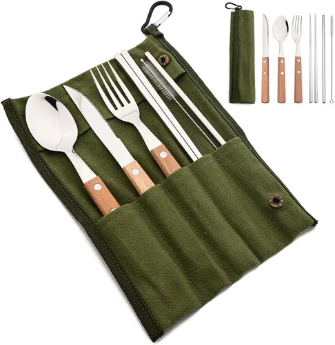 Vista 8 de JASHII Juego de cubiertos reutilizables de viaje, juego de cubiertos de acero inoxidable 304 con mango de madera, palillos y pajitas con diseño