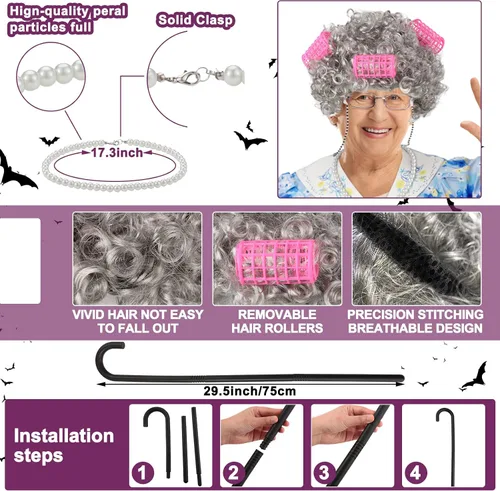 Vista 2 de Jiuguva 7 piezas de disfraz de anciana para mujeres y niños, túnica de manga corta para abuelita, peluca de anciana, peluca plegable con muleta