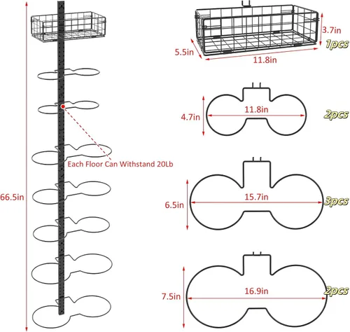 Vista 8 de Estante de baloncesto de 8 niveles desmontable montado en la pared, soporte vertical/horizontal para fútbol, sostiene 14 pelotas, soporte de fútbol