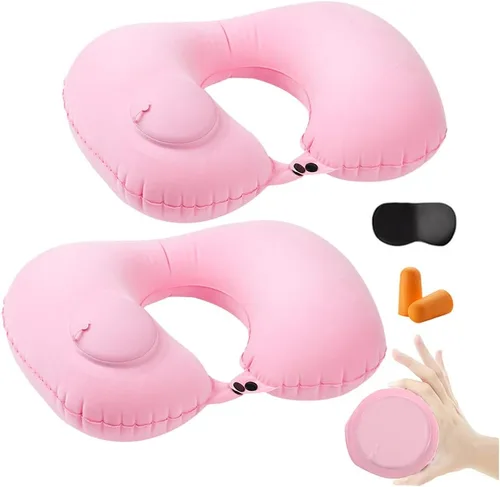 Vista 10 de 2 almohadas inflables de viaje, almohada inflable ajustable para el cuello, almohada inflable portátil en forma de U con máscara de ojos, tapón