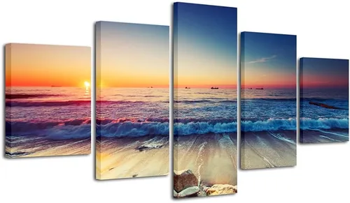 Vista 7 de Pyradecor paisaje de mar moderno en 5 paneles HD, impresiones en lienzo, foto del mar y la playa de gran tamaño, obra de arte en lienzo de pared
