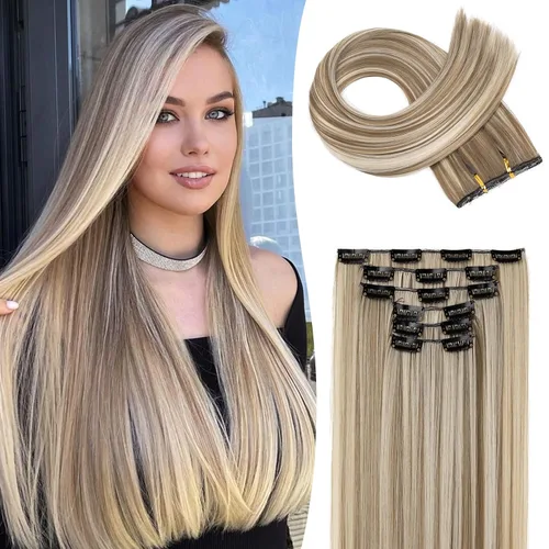 Vista 17 de LONAI 6 extensiones de cabello con clip, 24 pulgadas de largo, lacio, sintético, postizo para mujer, rubio ceniza natural