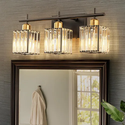 Vista 10 de Modernas luces de tocador de baño de cristal sobre el espejo, accesorios de iluminación de baño negro mate de 3 luces, accesorios de iluminación
