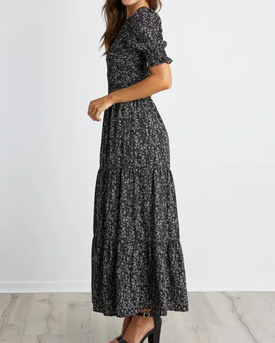 Vista 125 de BTFBM Vestidos para mujer, cuello redondo, casual, de verano, con volantes, manga corta, bohemio, con niveles, fruncido, largo, con estampado floral