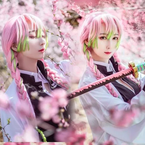 Vista 6 de maysuwell Kanroji Mitsuri - Peluca de anime Demon Slayer para mujer, pelucas de cosplay rosa y verde trenzado para Halloween, carnaval, fiesta