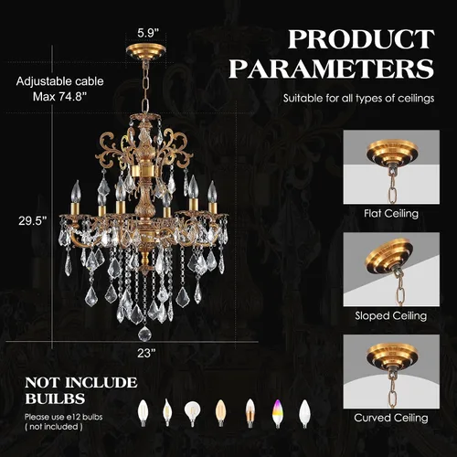 Vista 6 de Candelabros de cristal de bronce antiguo de lujo con lámpara colgante de vela, lámpara de techo de 6 luces de cristal dorado para comedor, sala