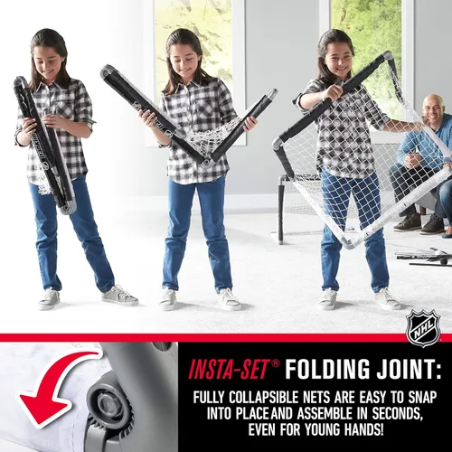 Vista 5 de Franklin Sports NHL juego de portería de mini hockey para niños - (2) porterías mini + de rodilla, (4) palos para jóvenes, (2) palos de portero +