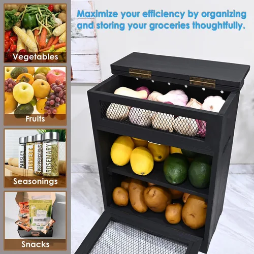 Vista 7 de Ikee Design Caja de Almacenamiento de Madera de Ensamblaje Libre para Encimera de Papas y Cebollas, Gabinete de Encimera, Cajas de Pan de Madera