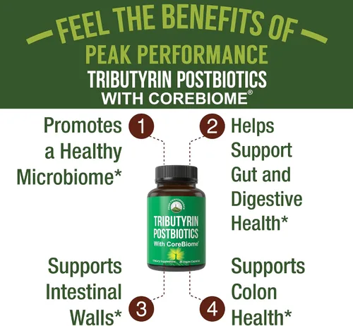 Vista 4 de Suplemento postbiótico de tributirina CoreBiome clínicamente probado para la salud intestinal. Más eficaz que las cápsulas de butirato de sodio.
