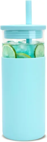 Vista 11 de Tronco Vaso de vidrio de 20 onzas con tapas y pajitas, vasos reutilizables para batidos con tapa de silicona, taza de café helado con funda
