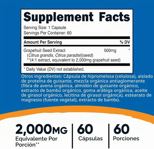 Vista 2 de Nutricost Extracto de semilla de pomelo 60 cápsulas para 60 porciones por Sin gluten y sin OMG
