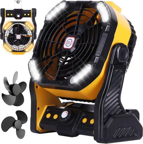 Vista 8 de RUNTOP Ventilador de 20000 mAh, funciona con pilas, ventilador de campamento de 2 aspas, ventiladores de escritorio recargables por USB con luz LED