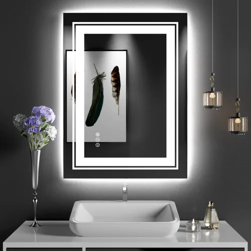 Vista 32 de Snowdool - Espejo de baño LED, de 24 x 36 pulgadas, con luz delantera y trasera, antiempañamiento, espejo de tocador de baño para pared, con función