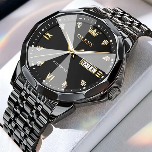 Vista 8 de OLEVS Reloj de pulsera automático con diseño de esqueleto para hombre, de lujo, con diamantes de lujo, de acero inoxidable, calendario, reloj