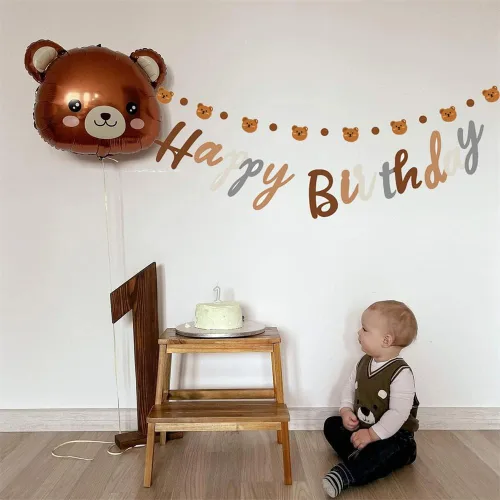 Vista 8 de Cartel de feliz cumpleaños con tema de oso con lindo cartel de oso, decoración de banderines para fiesta de cumpleaños, suministros para fiesta