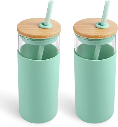 Vista 12 de Tronco Vaso de vidrio de 20 onzas con tapa y popote, taza de café helado y vaso para batido con tapas de bambú y funda protectora de silicona, apto