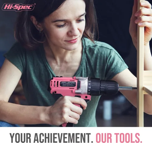 Vista 6 de Hi-Spec Juego de taladro inalámbrico rosa, taladro eléctrico de 18 V con batería y cargador, incluye juego de destornillador/brocas para madera