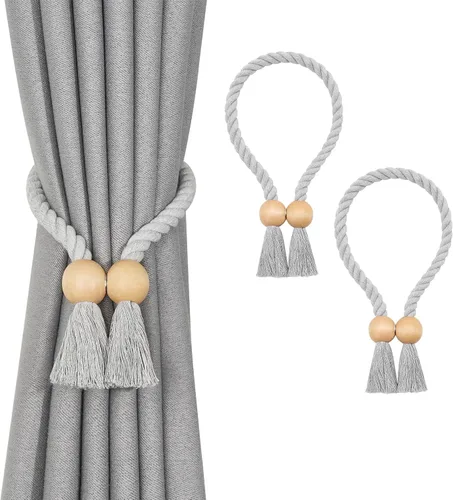 Vista 47 de NICEEC 2 Pack de Alzapaños Magnéticos de Madera en Forma de Cubo Boho para Decoración del Hogar, Alzapaños de Lino Tejidos a Mano para Cortinas Beige