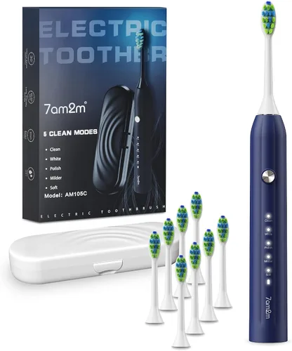 Vista 12 de 7AM2M Cepillo de dientes eléctrico sónico para adultos y niños, con 8 cabezales de cepillo y estuche de viaje, 5 modos con temporizador inteligente