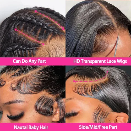 Vista 6 de Lemoda Peluca de encaje frontal completo de 13 x 6 pulgadas, pelucas de cabello humano lacio HD transparente de encaje sin pegamento, peluca