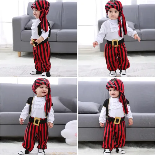 Vista 6 de AGQT Halloween Pirate Costume Dress Up for Boys Pirate Costume Toddler Cosplay Pirate Deluxe Outfit Accessories Set for Kids