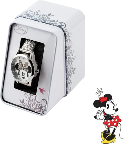 Vista 6 de Disney Reloj analógico clásico de cuarzo para mujer con correa de acero inoxidable MN8008, Plateadonegroblanco, Pulsera