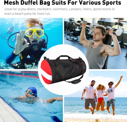 Vista 6 de Bolsa de lona de buceo de malla, bolsas de playa deportivas extragrandes con correa de hombro ajustable, bolsas y cremallera