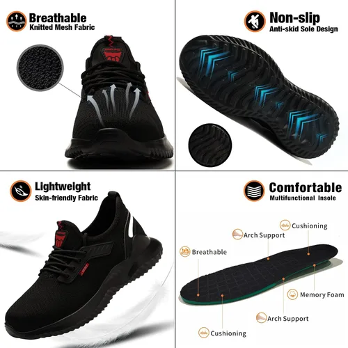Vista 4 de Kezhiho Zapatos de trabajo con punta de acero para hombre, ligeros, cómodos, antideslizantes, a prueba de pinchazos, zapatos de seguridad