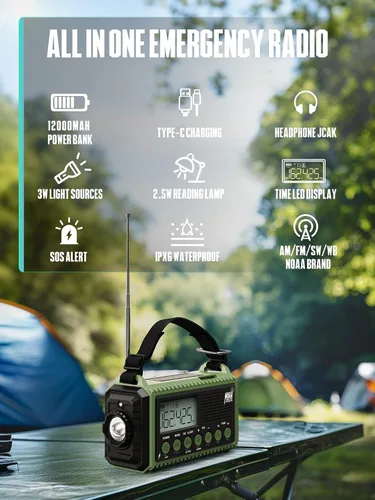 Vista 6 de Radio de emergencia de 12000 mAh - Alerta meteorológica AUTO NOAA, manivela solar AM/FM/SW/NOAA, linterna, cargador de teléfono, sirena SOS, kit