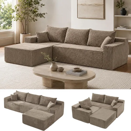 Vista 12 de Sofá modular modular en forma de L de 115 pulgadas con diván, sofá deshuesado con asiento profundo y otomana extraíble, cómodo sofá nube de pana